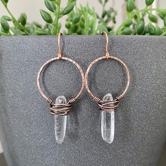 Handcrafted Clear Quartz Hammered Copper Dangle Hoop Earrings - Picture 1 of 4
